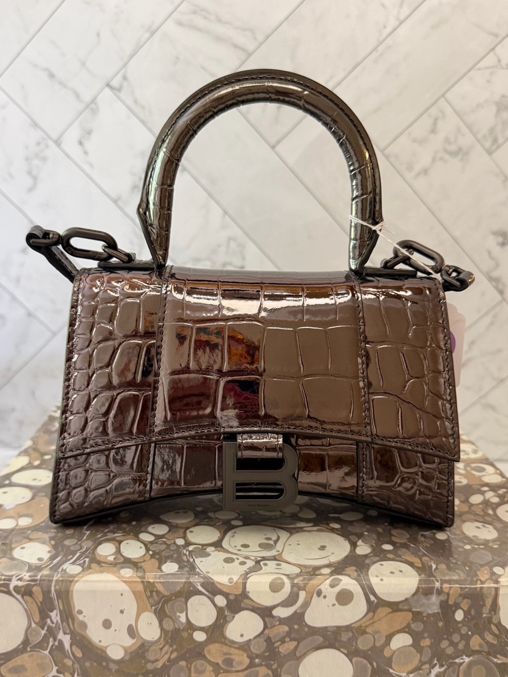NWT Balenciaga Croc-Embossed Hourglass Mini Top Handle Bag.
